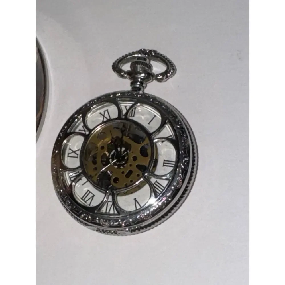 Kansas City Railroad Skeleton Pocket Watch‎ Silver Tone Roman Numeral With Tin